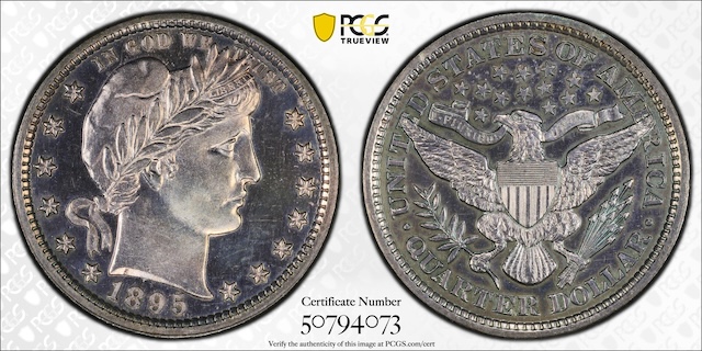 Side-by-side comparison of 1895 Barber Quarter business strike versus proof specimen showing field contrast