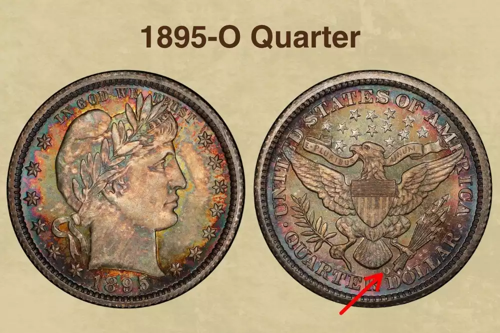 1895-O Quarter misplaced mint mark error showing O positioned in the QUARTER DOLLAR lettering area instead of standard location