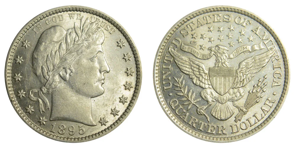 Group of 1895 Barber Quarters in various grades and mint marks showing typical survivor population appearance